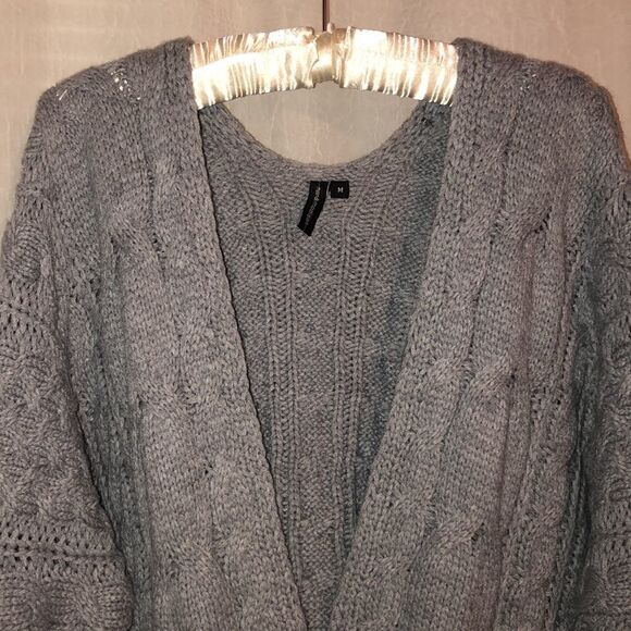 moon & madison M Gray Chunky Cable Knit Open Front Cardigan w Pockets - Picture 3 of 12